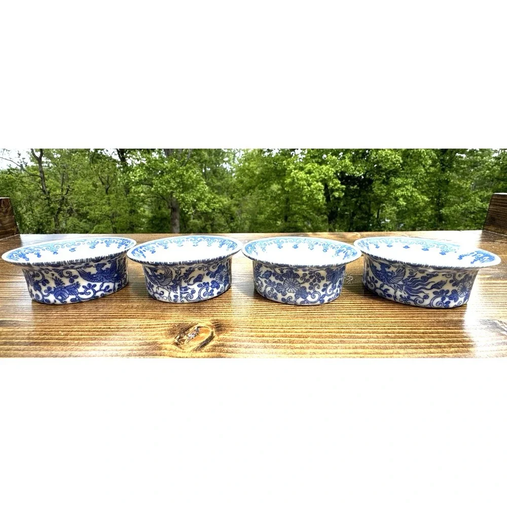 Blue White Porcelain Ramekins Set 4 Floral Bird Chinoiserie Sauce Bowls